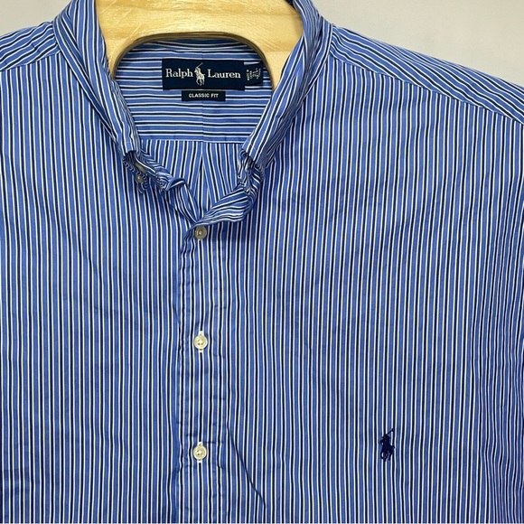 Ralph Lauren Classic Fit Blue Striped Button Down Men's Size 21 36/37 Tall - Picture 4 of 10